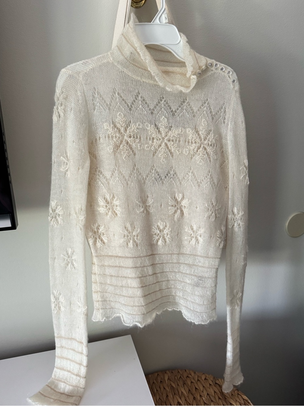 Vintage Free People Angora Cream Lace Knit Snowflake Christmas Turtleneck Sweate